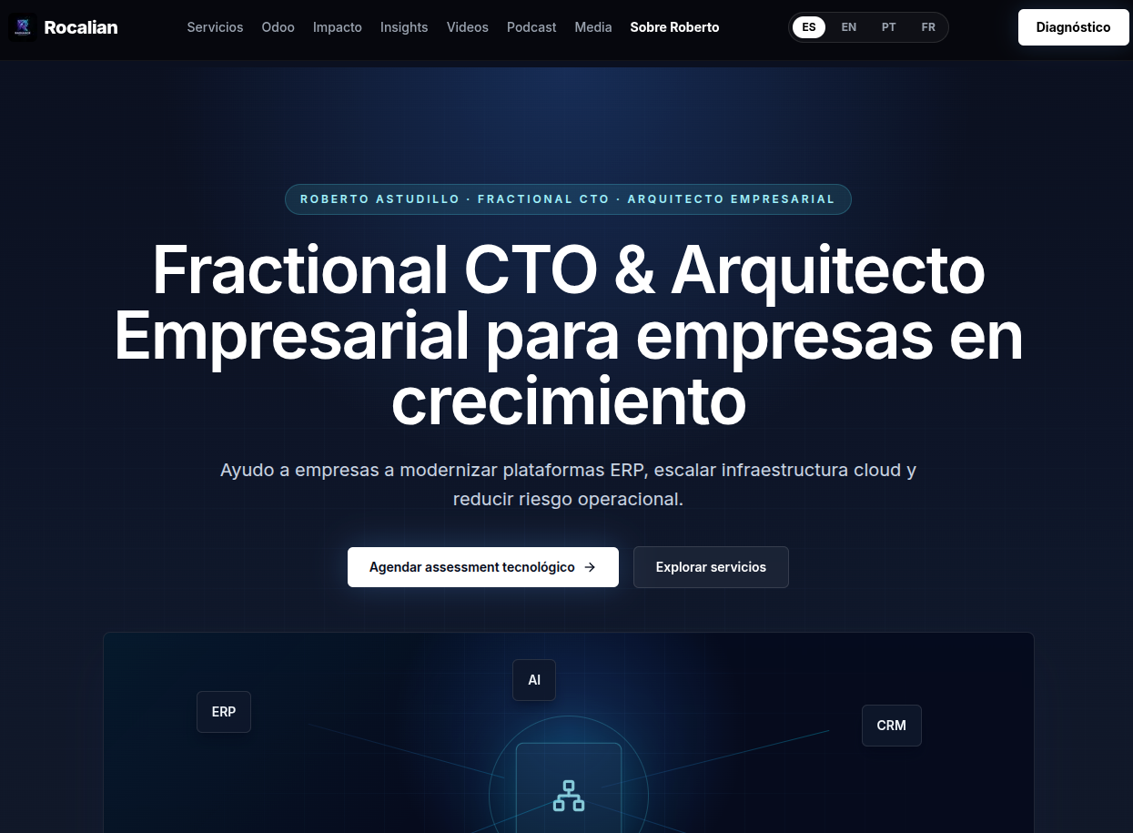 rocalian.cl homepage — Next.js 15 SSG desplegado en Raspberry Pi con Cloudflare CDN